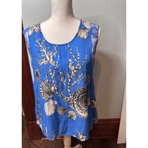Rene Derhy Womens Blue Nautical Shell Seahorse Print Lace Trim Sequin Blouse M